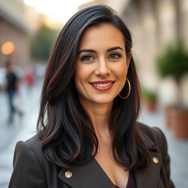 A portrait of a 38-year-old woman with dark hair and an Italian appearance