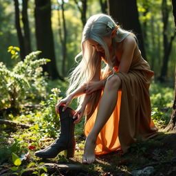A female elf in a tranquil forest setting, elegantly removing her intricately designed boots