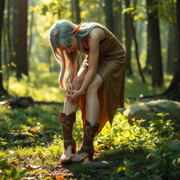 A female elf in a tranquil forest setting, elegantly removing her intricately designed boots