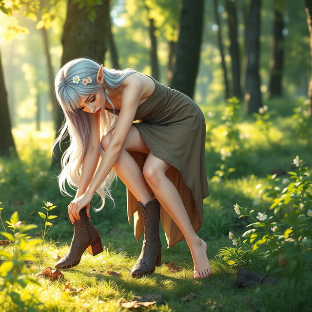 A female elf in a tranquil forest setting, elegantly removing her intricately designed boots