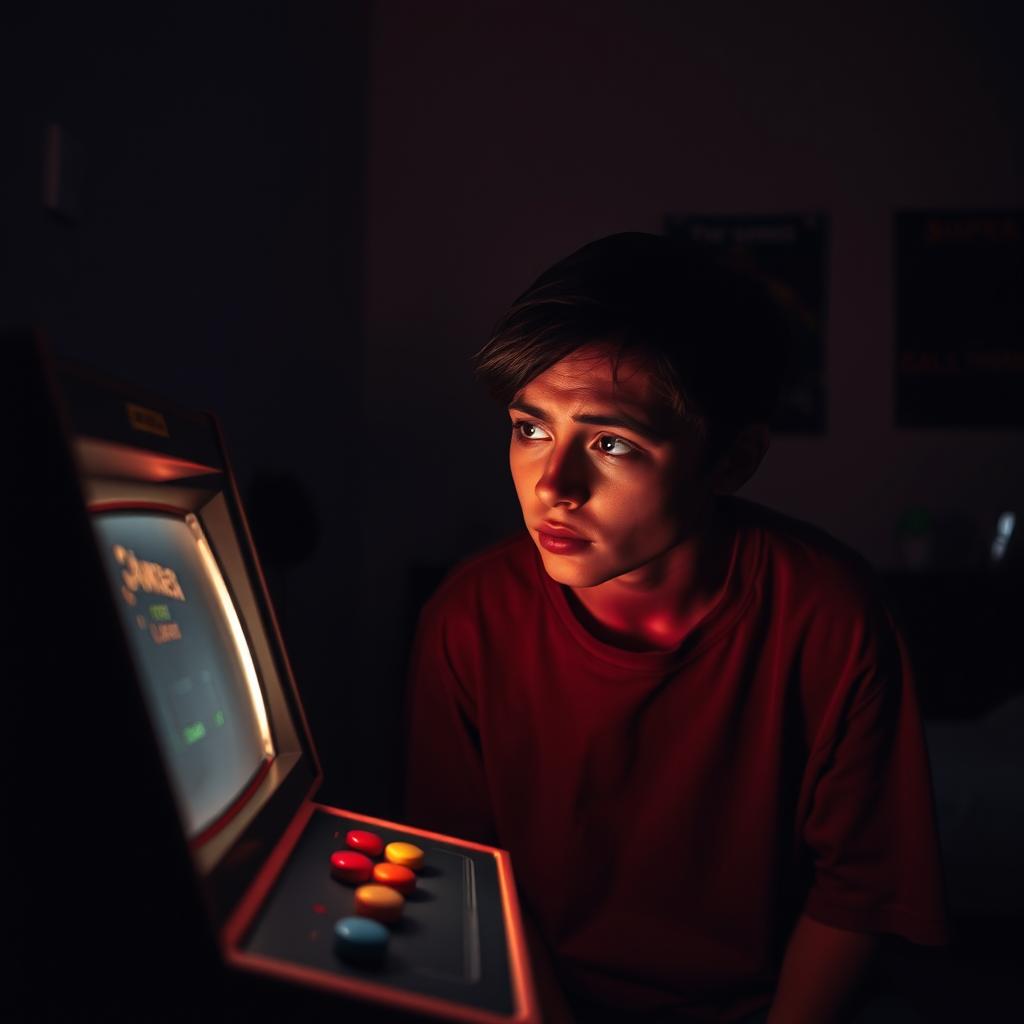 A person gazing longingly at a retro video game console that is out of frame, their expression reflecting deep sadness and disappointment