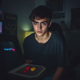 A person gazing longingly at a retro video game console that is out of frame, their expression reflecting deep sadness and disappointment