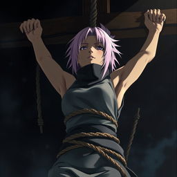 A dramatic scene depicting the death of Sakura Haruno from Naruto, bound and crucified with ropes