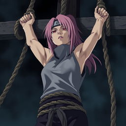 A dramatic scene depicting the death of Sakura Haruno from Naruto, bound and crucified with ropes