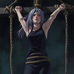 A dramatic scene depicting the death of Sakura Haruno from Naruto, bound and crucified with ropes