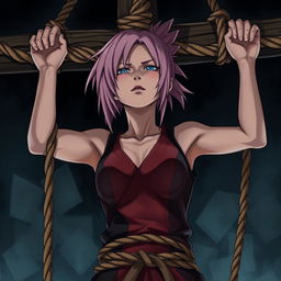 A dramatic scene depicting the death of Sakura Haruno from Naruto, bound and crucified with ropes
