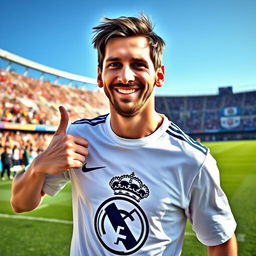 A humorously exaggerated scene featuring Lionel Messi, the famous Argentine soccer player, wearing a Real Madrid T-shirt