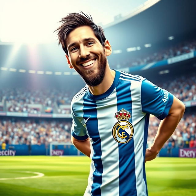 A humorously exaggerated scene featuring Lionel Messi, the famous Argentine soccer player, wearing a Real Madrid T-shirt