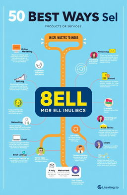 An informative and engaging graphic displaying the 50 best ways to sell products or services