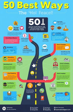 An informative and engaging graphic displaying the 50 best ways to sell products or services