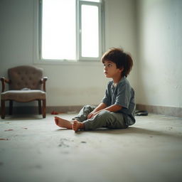 A young boy sitting on the floor of an empty house, looking sad and alone