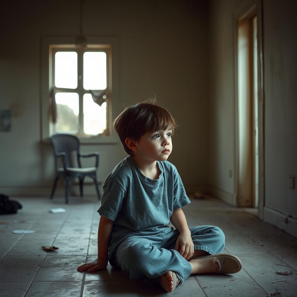 A young boy sitting on the floor of an empty house, looking sad and alone