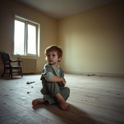 A young boy sitting on the floor of an empty house, looking sad and alone