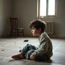A young boy sitting on the floor of an empty house, looking sad and alone