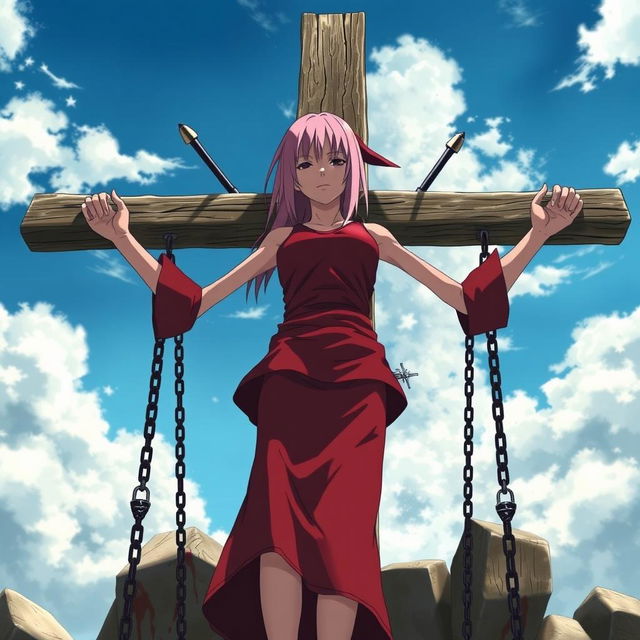 A disturbing scene featuring Sakura Haruno from Naruto, crucified on a large wooden cross in a bright outdoor setting