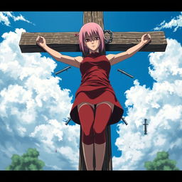A disturbing scene featuring Sakura Haruno from Naruto, crucified on a large wooden cross in a bright outdoor setting