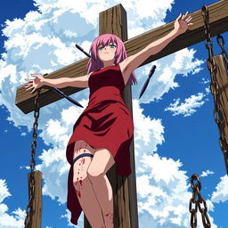 A disturbing scene featuring Sakura Haruno from Naruto, crucified on a large wooden cross in a bright outdoor setting