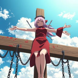 A disturbing scene featuring Sakura Haruno from Naruto, crucified on a large wooden cross in a bright outdoor setting