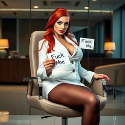 A sexy, beautiful, curvy woman with a thin face and long flame red hair, showcasing her captivating crystal blue eyes