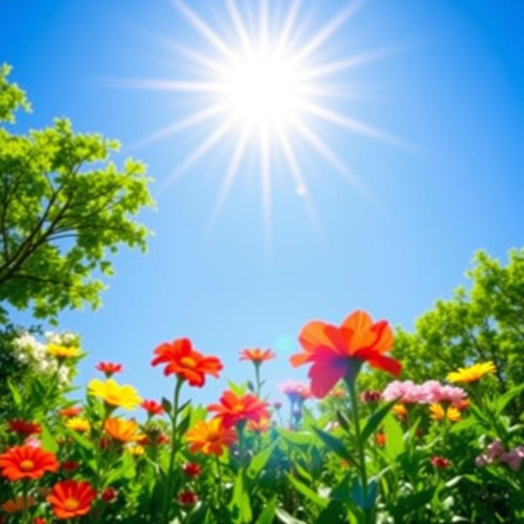 A bright and cheerful sun shining in a clear blue sky, with rays extending outward