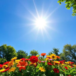 A bright and cheerful sun shining in a clear blue sky, with rays extending outward