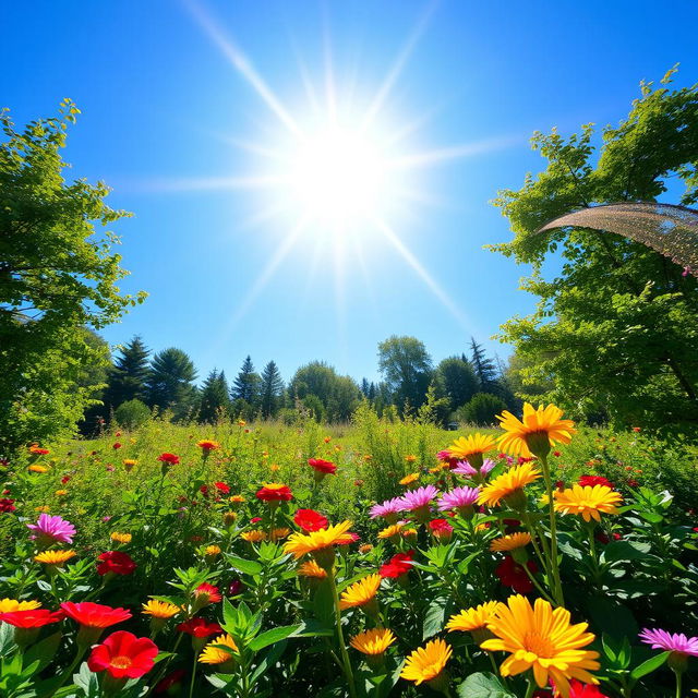 A bright and cheerful sun shining in a clear blue sky, with rays extending outward