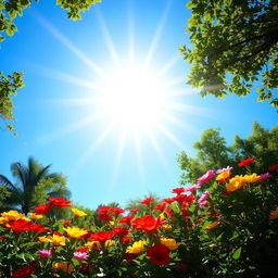 A bright and cheerful sun shining in a clear blue sky, with rays extending outward