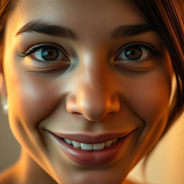 A close-up portrait of a person with a lively expression, where both eyes are even and symmetrical