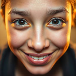 A close-up portrait of a person with a lively expression, where both eyes are even and symmetrical
