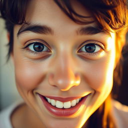 A close-up portrait of a person with a lively expression, where both eyes are even and symmetrical