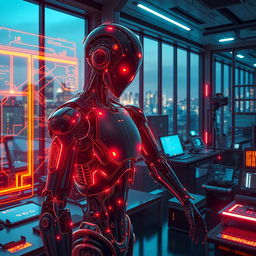 A realistic, high-resolution digital artwork of a futuristic AI interface, featuring holographic displays with bright neon colors
