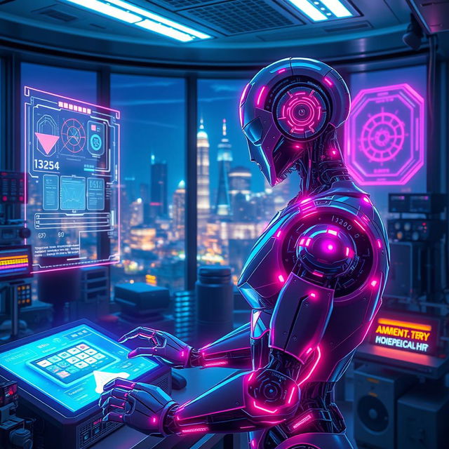 A realistic, high-resolution digital artwork of a futuristic AI interface, featuring holographic displays with bright neon colors