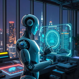 A realistic, high-resolution digital artwork of a futuristic AI interface, featuring holographic displays with bright neon colors