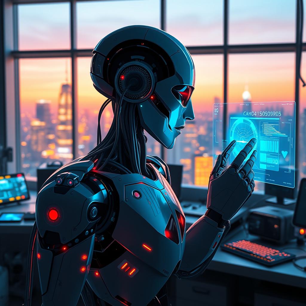 A realistic, high-resolution digital artwork of a futuristic AI interface, featuring holographic displays with bright neon colors