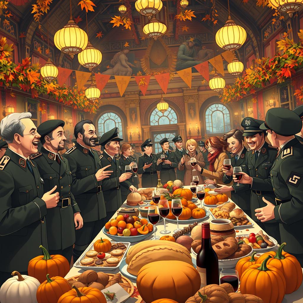 A vibrant animated picture depicting a grand hall filled with festivities for a harvest Thanksgiving festival, richly decorated with autumn leaves, pumpkins, and warm lighting