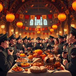 A vibrant animated picture depicting a grand hall filled with festivities for a harvest Thanksgiving festival, richly decorated with autumn leaves, pumpkins, and warm lighting