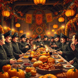 A vibrant animated picture depicting a grand hall filled with festivities for a harvest Thanksgiving festival, richly decorated with autumn leaves, pumpkins, and warm lighting