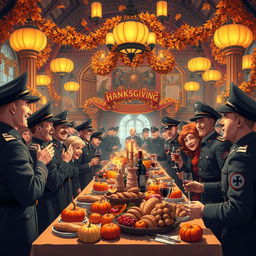 A vibrant animated picture depicting a grand hall filled with festivities for a harvest Thanksgiving festival, richly decorated with autumn leaves, pumpkins, and warm lighting