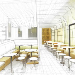 Sketch-style interior illustration of an innovative restaurant. The entrance leads to a fluid counter on the right. To the left, six dining tables arranged in pairs. A sofa is against the opposite wall with a door to its right. The furniture carries innovative shapes.