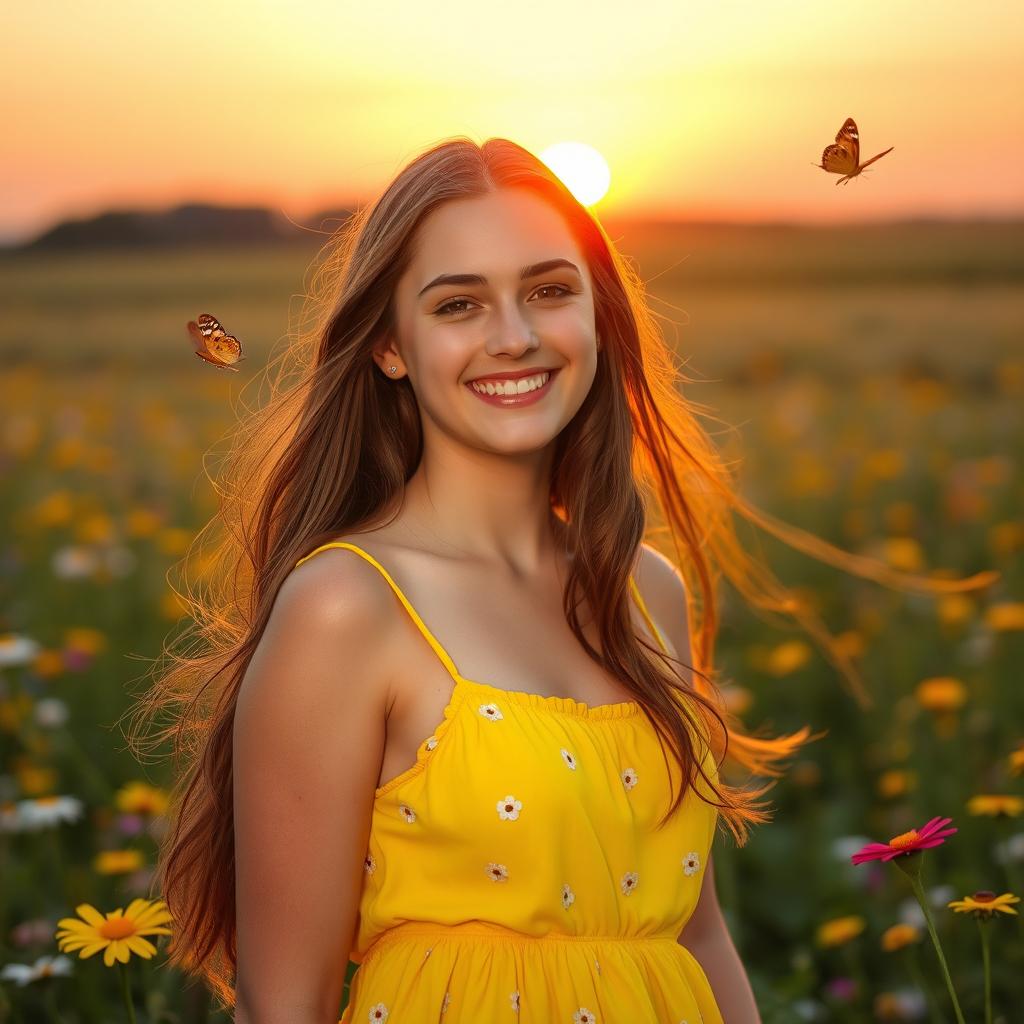 A beautiful young woman with long, flowing hair, wearing a bright summer dress, standing in a sunny field filled with wildflowers