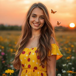 A beautiful young woman with long, flowing hair, wearing a bright summer dress, standing in a sunny field filled with wildflowers