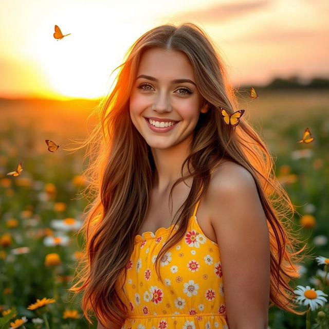 A beautiful young woman with long, flowing hair, wearing a bright summer dress, standing in a sunny field filled with wildflowers