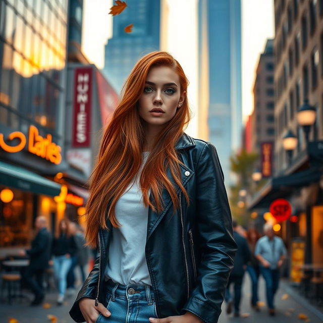 A stylish woman with long flowing red hair, dressed in a chic black leather jacket and a white t-shirt, standing on a bustling city street during sunset