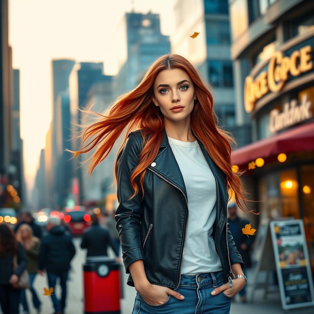 A stylish woman with long flowing red hair, dressed in a chic black leather jacket and a white t-shirt, standing on a bustling city street during sunset