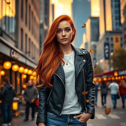 A stylish woman with long flowing red hair, dressed in a chic black leather jacket and a white t-shirt, standing on a bustling city street during sunset