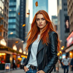 A stylish woman with long flowing red hair, dressed in a chic black leather jacket and a white t-shirt, standing on a bustling city street during sunset