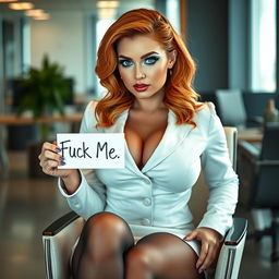 A sexy, beautiful, curvy woman with a thin face and medium-length wavy flame red hair, showcasing her striking crystal blue eyes