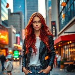 A stylish woman with long flowing red hair, dressed in a chic black leather jacket and a white t-shirt, standing on a bustling city street during sunset