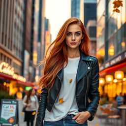 A stylish woman with long flowing red hair, dressed in a chic black leather jacket and a white t-shirt, standing on a bustling city street during sunset