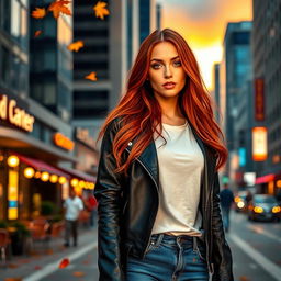 A stylish woman with long flowing red hair, dressed in a chic black leather jacket and a white t-shirt, standing on a bustling city street during sunset
